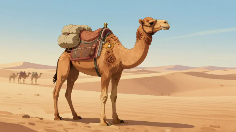 Visual representation of "camel" - A large animal with a long neck and one or two humps on its back, used in deserts for carrying goods and people.