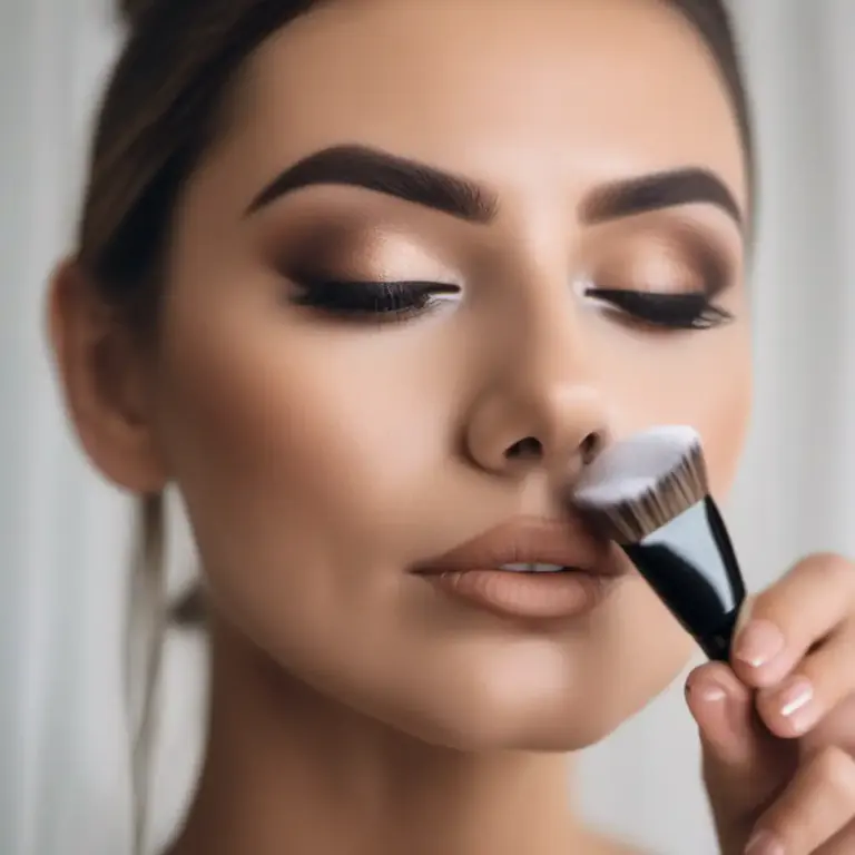 Visual representation of "powder your nose" - To physically apply powder to the nose, typically as part of a makeup routine