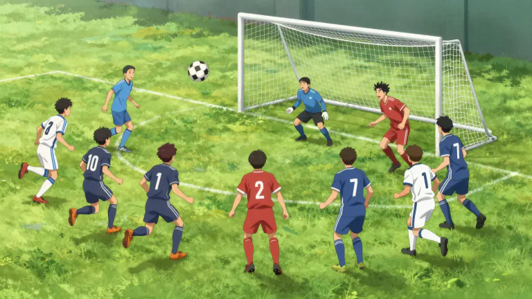 Visual representation of "soccer" - A game in which two teams of eleven players try to kick or head a ball into the other team's goal, using only their bodies apart from their arms and hands.