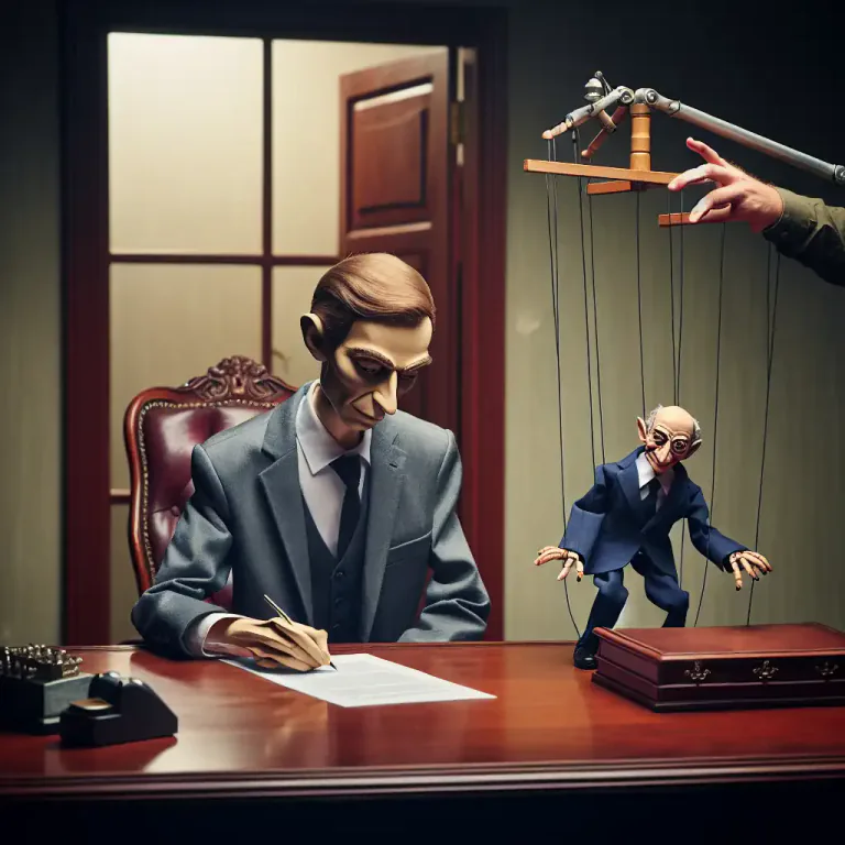 Visual representation of "puppetry" - The action of controlling someone else's actions or decisions, similar to how a puppeteer controls a puppet