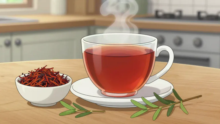 Visual representation of "rooibos" - A type of herbal tea made from the fermented leaves of the Aspalathus linearis plant, native to South Africa, known for its rich flavor and health benefits.