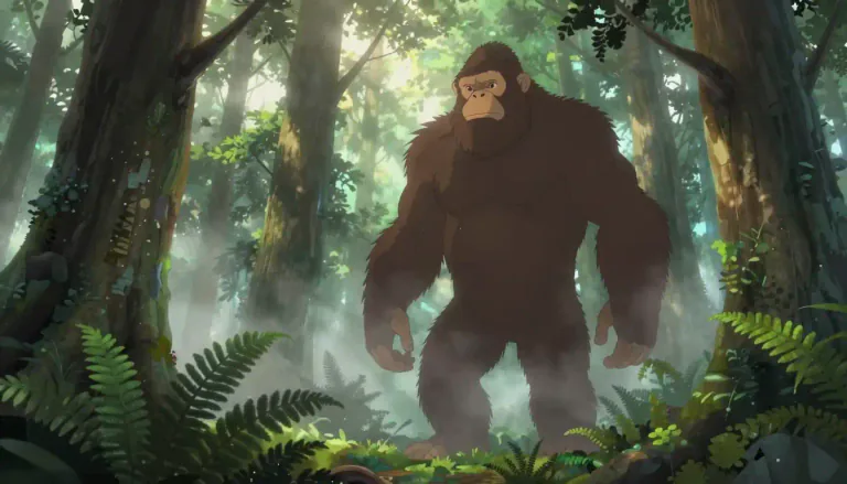 Visual representation of "bigfoot" - A mythical creature believed to live in North American forests. It's tall, covered with hair, and looks like an ape