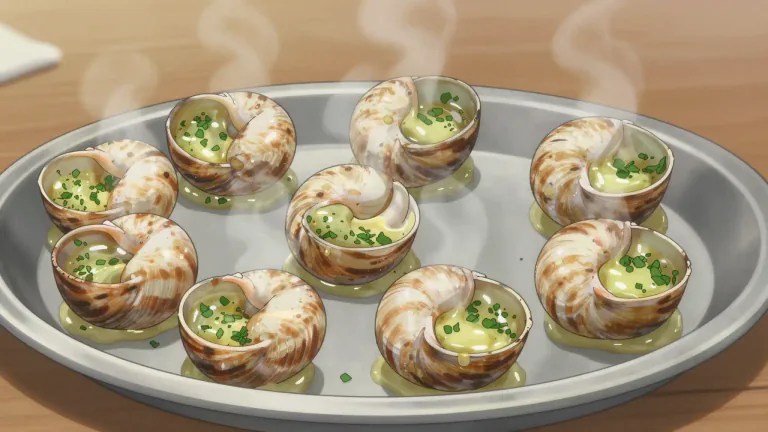 Visual representation of "escargot" - A dish made from cooked land snails, often served with garlic and parsley butter in French cuisine.