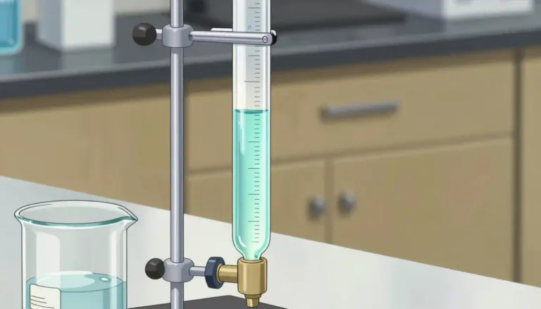 Visual representation of "burette" - A long, graduated glass tube with a tap at the bottom, used in laboratories for measuring liquid.