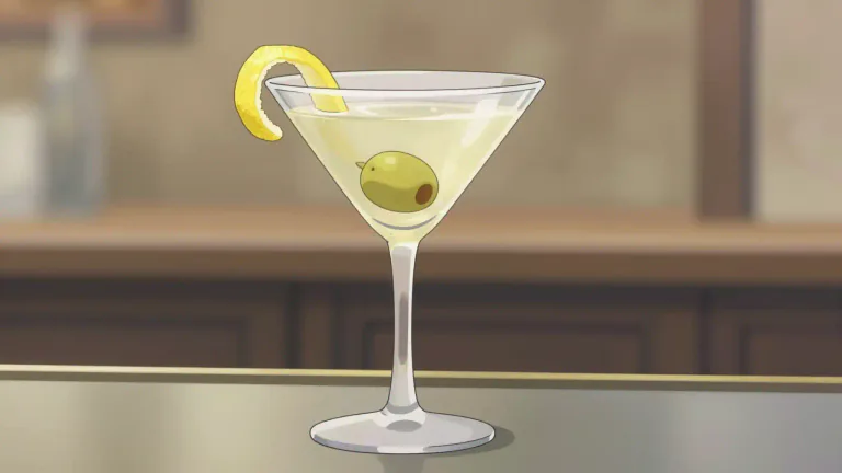 Visual representation of "martini" - A cocktail made with gin (or vodka) and vermouth, usually served with an olive or lemon peel