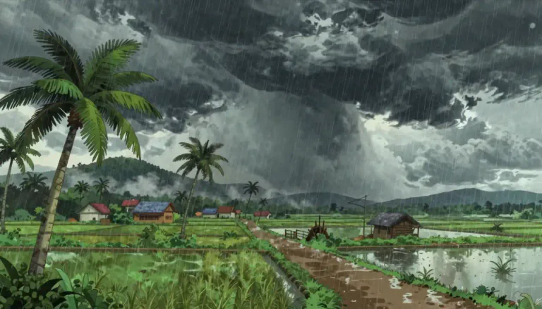 Visual representation of "monsoon" - A wind system that influences weather changes in parts of Asia, especially a season of heavy rainfall.