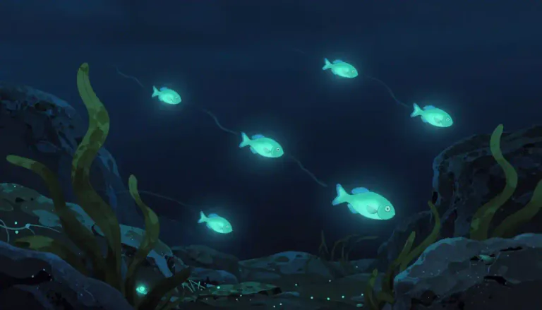 Visual representation of "bioluminescence" - The light produced and emitted by living organisms like certain types of fish, fungi or bacteria