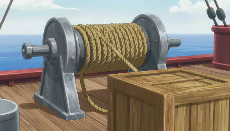 Visual representation of "windlass" - A device, usually with a horizontal cylinder, which is rotated to wind in a rope or cable, often used on boats or in industry to lift heavy objects.