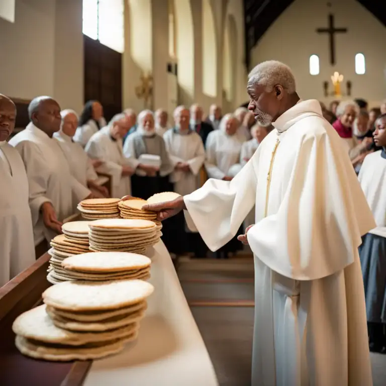 Visual representation of "wafer" - A thin piece of bread, typically round and unleavened, used in the Christian Church for Holy Communion.
