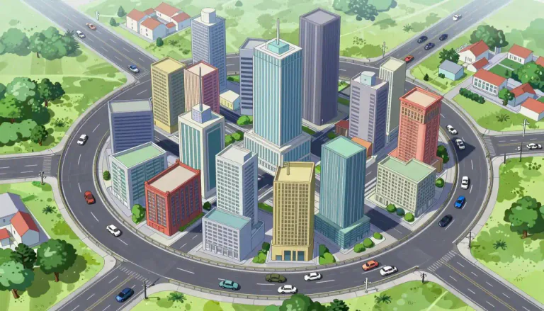 Visual representation of "beltway" - A highway that goes around a town or city to allow traffic to go around it rather than through it.
