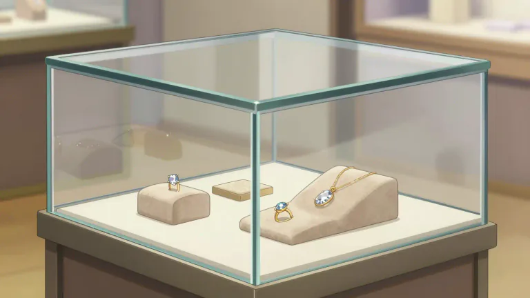 Visual representation of "vitrine" - A glass display case used for showcasing items in shops or exhibitions.