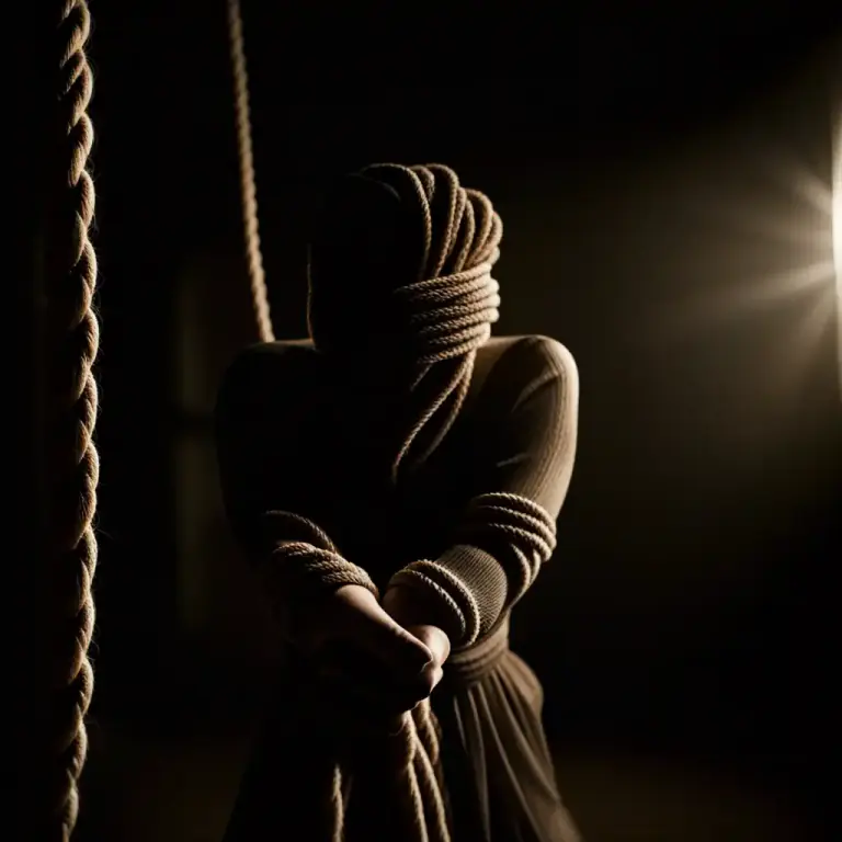 Visual representation of "bounden" - Something that is tied up tightly, restrained