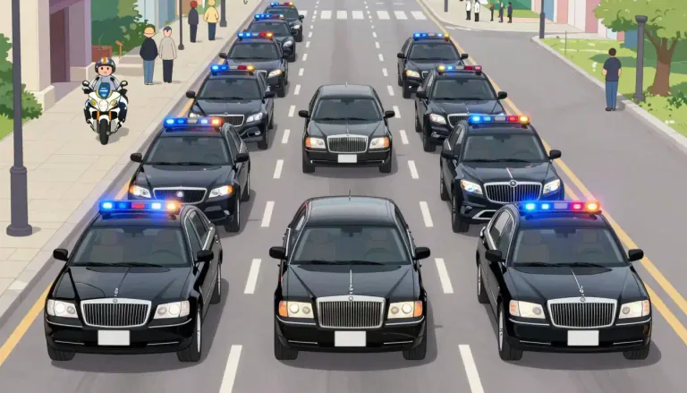 Visual representation of "motorcade" - A motorcade is a group of vehicles traveling together, often for the purpose of transporting a dignitary or for a formal event.