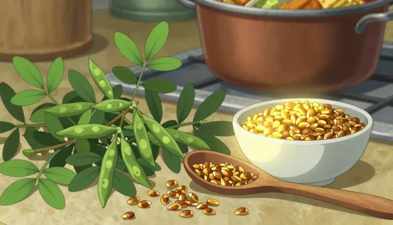 Visual representation of "fenugreek" - A plant with hard, yellowish-brown seeds, used as a spice in cooking.
