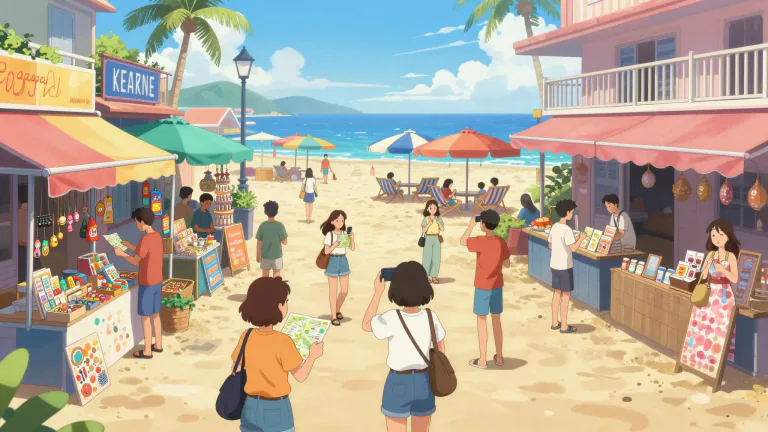 Visual representation of "touristy" - Associated with or packed with tourists or designed to attract tourists.