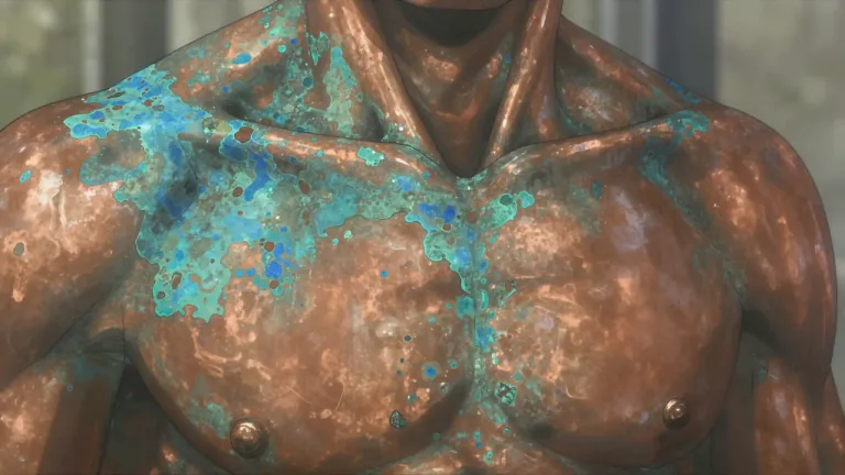 Visual representation of "verdigris" - A bright bluish-green color or pigment that is created by the corrosion of copper, brass, or bronze.