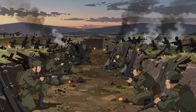 Visual representation of "frontline" - The frontline is the boundary between opposing forces in a conflict or war where combat occurs.