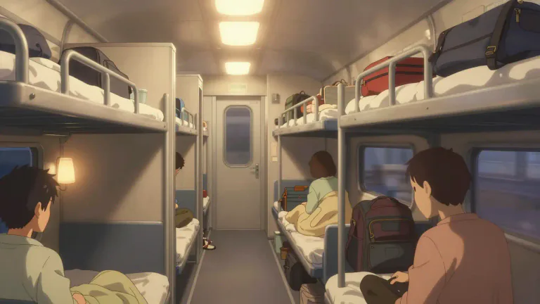 Visual representation of "couchette" - A couchette is a type of sleeping compartment in a train that contains several beds for passengers to rest on during long journeys.