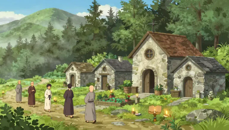 Visual representation of "monasticism" - The way of life of monks or nuns, who live apart from society in isolated communities, mainly for religious purposes.