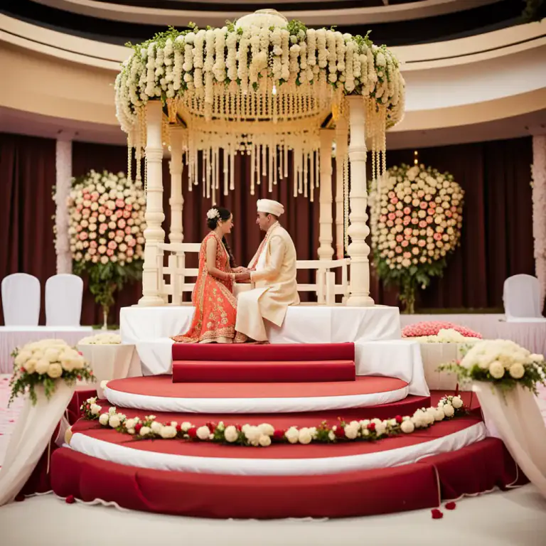 Visual representation of "dais" - In Asian weddings, a raised platform where the bride and groom sits during the ceremony.