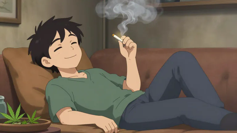 Visual representation of "pothead" - A person who habitually uses marijuana or cannabis; often implies a laid-back or relaxed attitude.