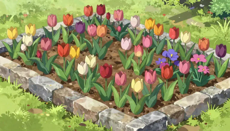 Visual representation of "flowerbed" - A flowerbed is a defined area in a garden where flowers are grown, often arranged for a decorative effect.