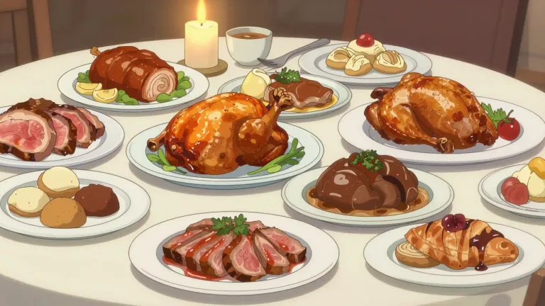 Visual representation of "viands" - Viands are various kinds of food, especially well-prepared or high-quality meat or dishes.