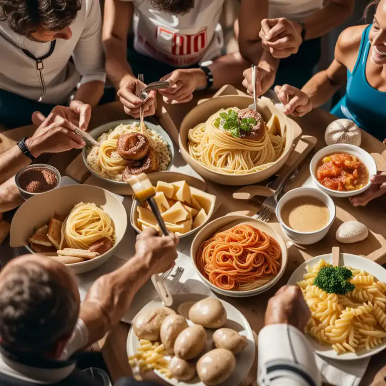 Visual representation of "stoke up" - To eat a lot of food, especially to prepare for something requiring energy.