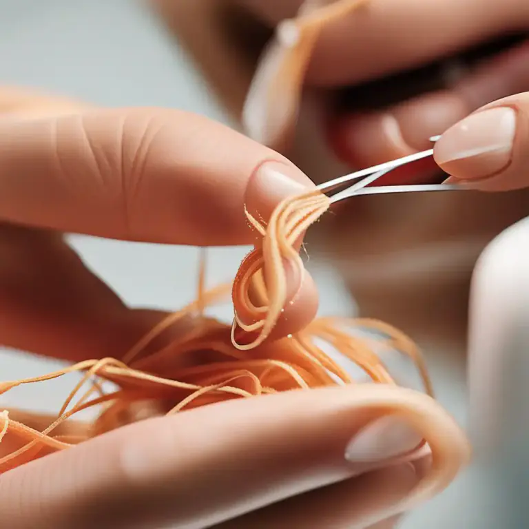 Visual representation of "floss" - To use a thin thread to clean between your teeth.