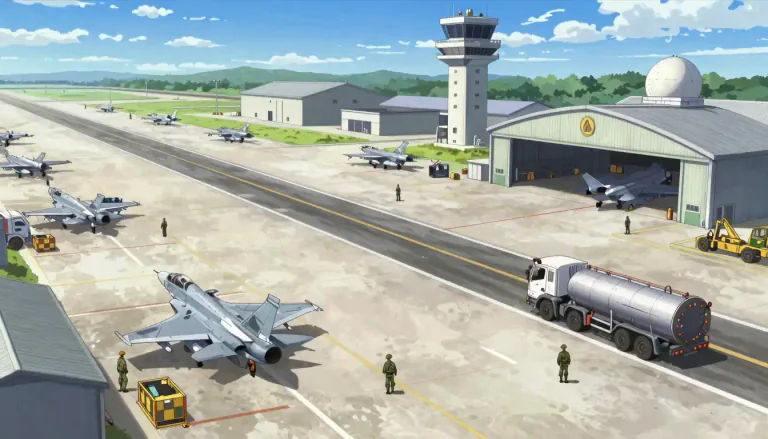 Visual representation of "airbase" - A military facility where aircraft are stationed for operations, maintenance, and servicing.