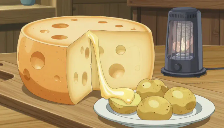Visual representation of "raclette" - Raclette is a type of semi-hard cheese, traditionally made from cow's milk and originating from Switzerland, known for its melting properties.