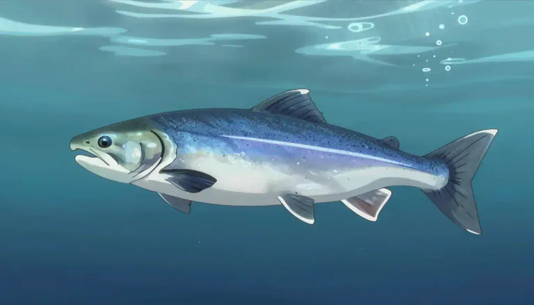 Visual representation of "coho" - A type of salmon with a silver body and a distinctive dark blue back, known for its rich flavor and often found in the North Pacific.