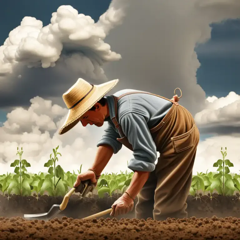 Visual representation of "hoe in" - To begin to perform hard work, usually related to farming.