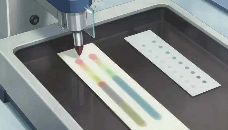 Visual representation of "chromatogram" - A chromatogram is a visual representation of the results obtained from a chromatography process, showing the different components of a mixture as distinct spots or bands on a medium.