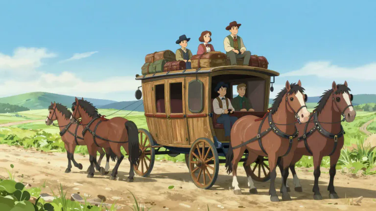 Visual representation of "stagecoach" - A large, old-timey, horse-driven vehicle for transporting paying passengers over long distances.