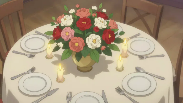 Visual representation of "centerpiece" - A centerpiece is an object placed in the middle of a table for decoration, often used during special occasions.