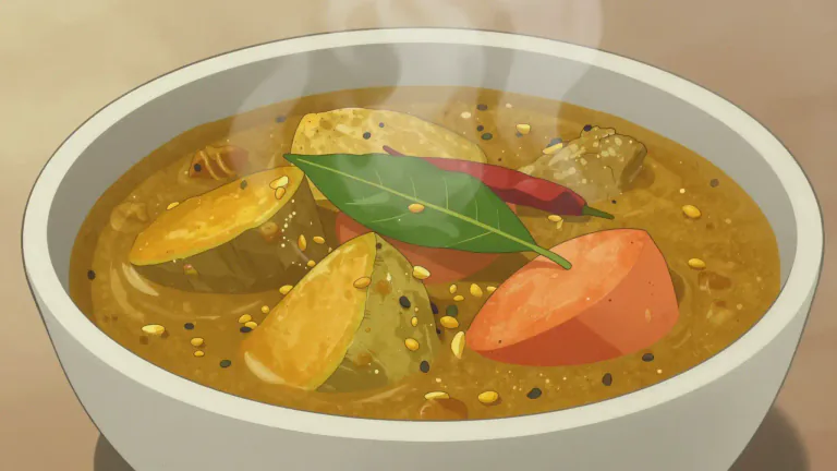 Visual representation of "sambar" - A South Indian dish made of lentils and vegetables, flavored with spices.