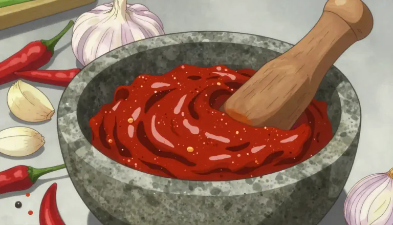 Visual representation of "sambal" - Sambal is a type of chili paste or sauce commonly used in Indonesian and other Southeast Asian cuisines, made from a mixture of chili peppers, garlic, shallots, and other spices.