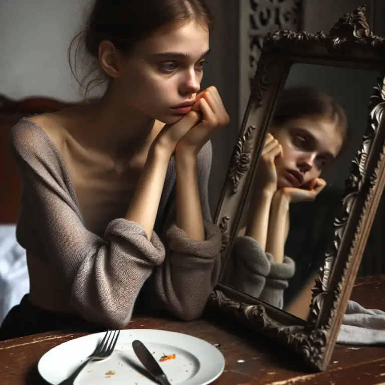 Visual representation of "anorexic" - A person who has anorexia, a health condition that makes them avoid food and become very thin.