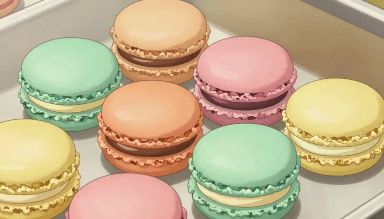 Visual representation of "macaron" - A small, round cake made from almond flour, egg whites, and sugar, typically filled with cream or ganache.