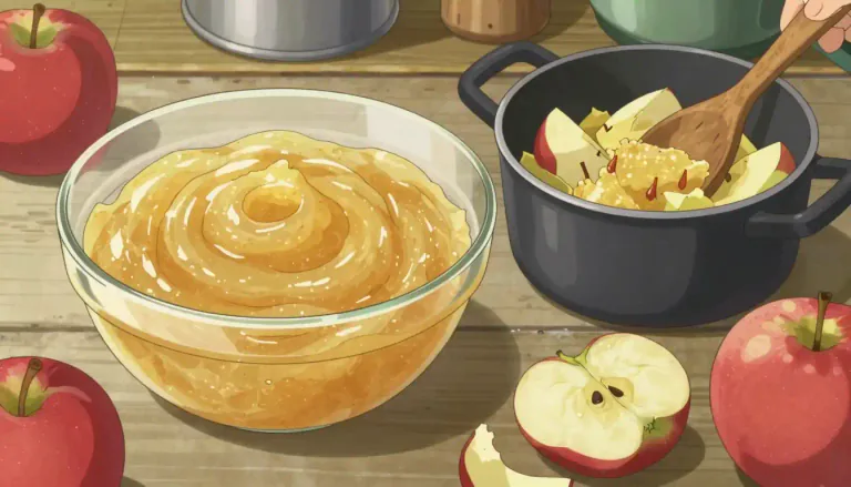 Visual representation of "applesauce" - Applesauce is a soft food made by cooking apples and mashing them into a smooth sauce, often used as a condiment or ingredient in desserts.