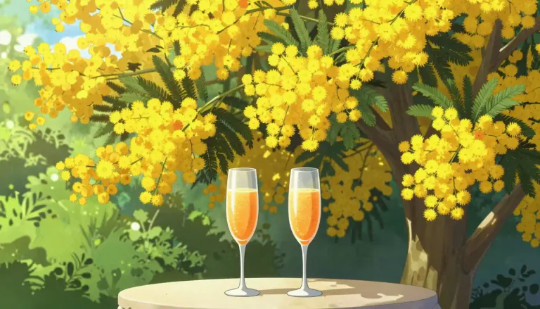 Visual representation of "mimosa" - A kind of plant or tree with yellow flowers or a drink made from orange juice and champagne.