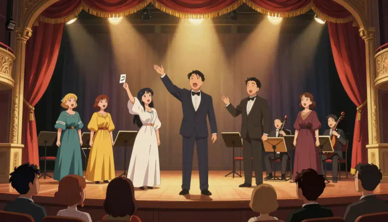 Visual representation of "opera" - A theater form where music, songs, and acting tell a story