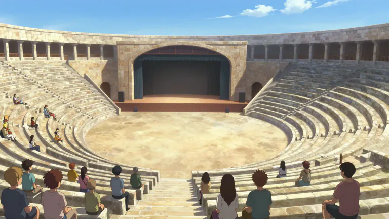 Visual representation of "amphitheatre" - A round or semicircular building with raised seats where people can watch sports, performances, or events.