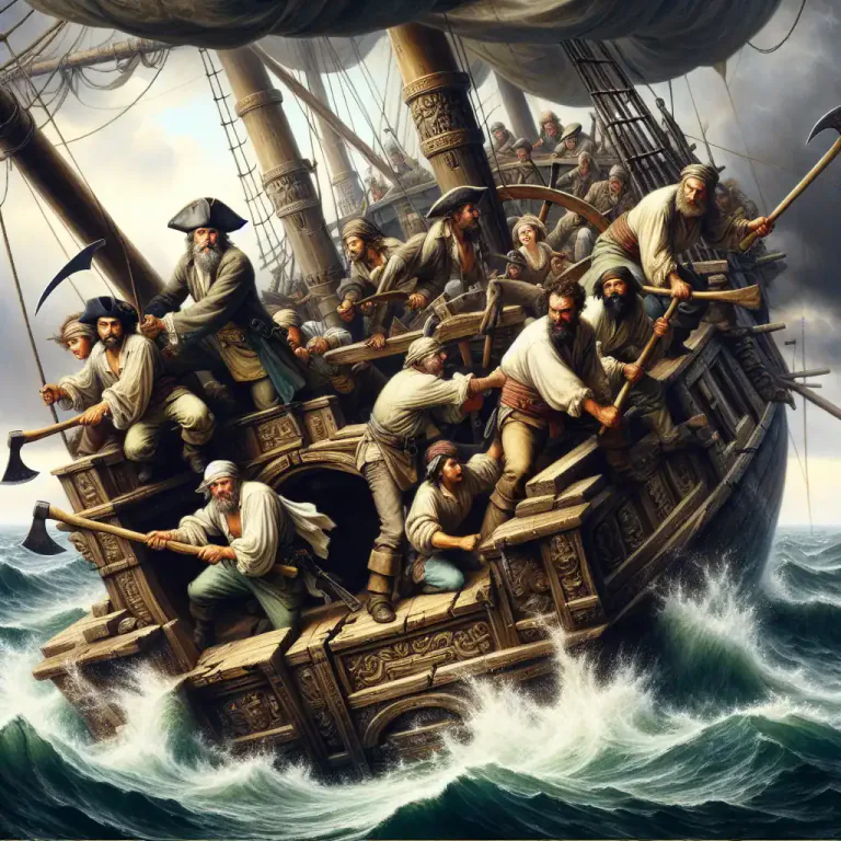 Visual representation of "scuttle" - To sink a ship or boat purposely by making holes in it or opening its bottom.