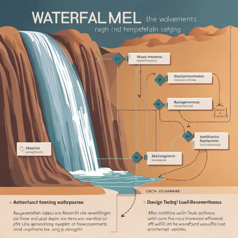 Visual representation of "waterfall" - A popular software development model where phases like requirement analysis, design, implementation, testing and maintenance are completed sequentially
