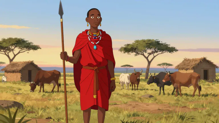 Visual representation of "maasai" - A member of a Nilotic people of Kenya and Tanzania who are traditionally nomadic herders and known for their distinctive customs.