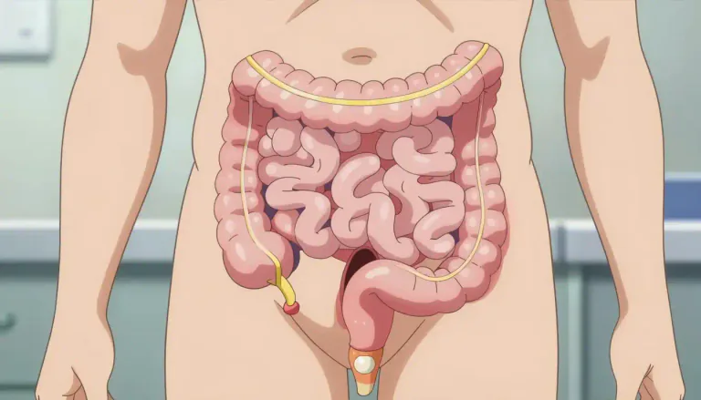 Visual representation of "ileostomy" - A surgical operation that creates an opening from the ileum (the last section of the small intestine) to the outside of the abdomen, allowing waste to bypass the colon.