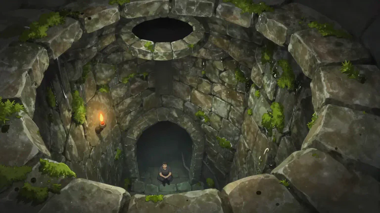 Visual representation of "oubliette" - A hidden dungeon with an opening only at the top, used to trap prisoners and keep them forgotten.