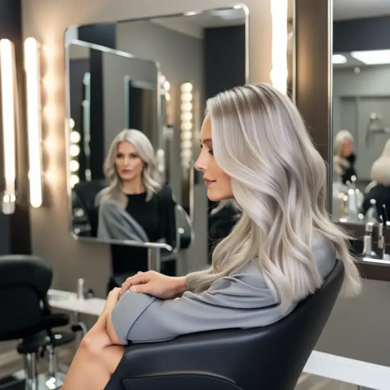 Visual representation of "ash blonde" - A very light shade of blonde hair with a grey or silver tint.